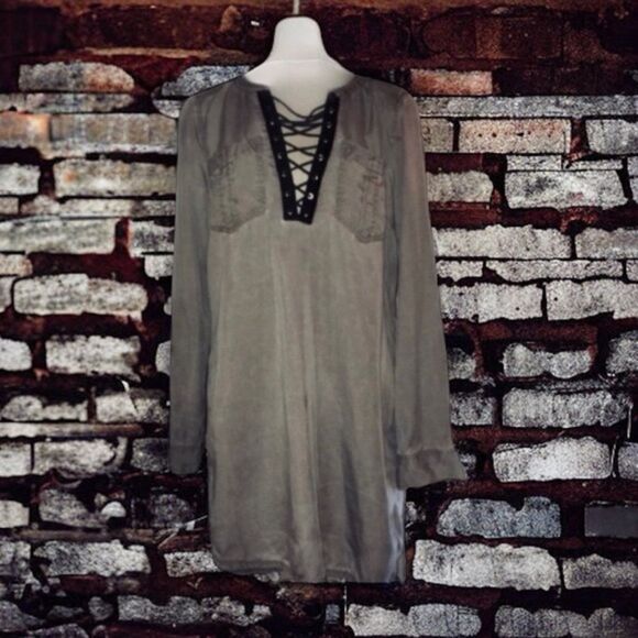 Express Dress Mini Shirtdress Tunic Lace-Up Deep V Eco Friendly Goth Size Small - Picture 15 of 16